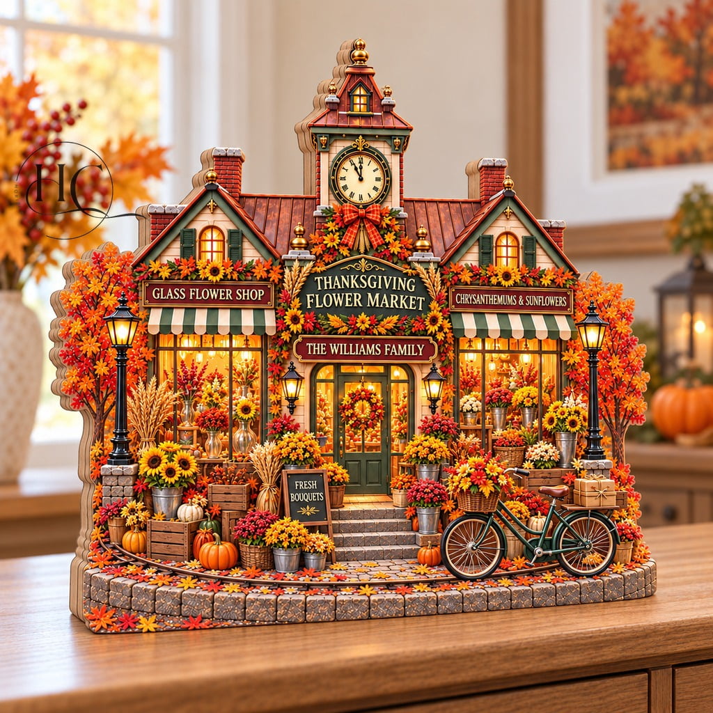 Thanksgiving Harvest Village Tabletop Decoration, Flower Market Clock ...