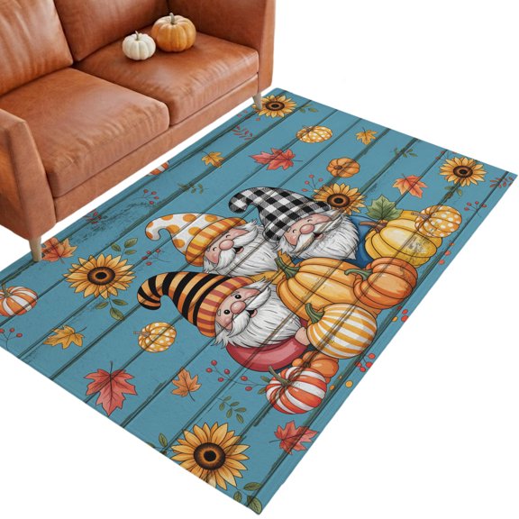 Thanksgiving Hat 3'x5' Entryway Rugs for Bedroom Foot of Bedside Small Living Room, Gnome Fall Pumpkin Sunflower Blue Wood Grain Washable Mats Non Slip Rectangle Area Rug