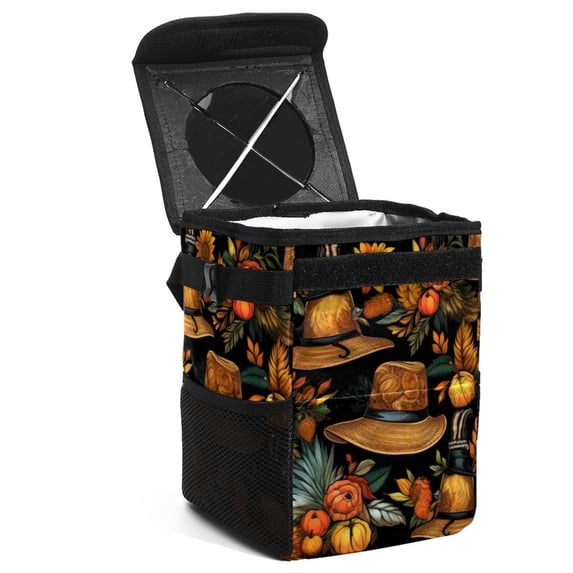 Thanksgiving Hat Foldable Car Trash Can with Lid, Leak-Proof Mini Trash Can, Car Trash Bin, Trash Can for Car with Hanging Storage Bag