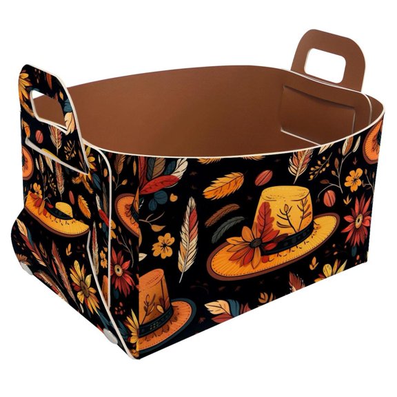 Thanksgiving Hat Pattern Storage Basket Collapsible Storage Bin, PU Foldable Basket Convenient Box Storage Organizer with Handles for Shelves Office Bedroom Closet Nursery Toys Laundry