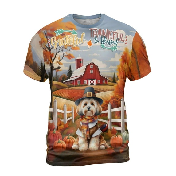 Thanksgiving Havanese Pilgrim Grateful, Thankful, Blessed Fall Welcome All Over Print 3D Shirt Unisex Merch Havanese Dog Lover Gifts Idea - 00021