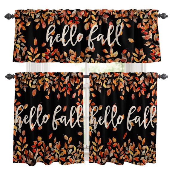 Thanksgiving Hello Kitchen Curtains and Valances Set, Fall Plant Leaves Black 3 Piece Curtains Valances and Tiers Set Rod Pocket for Kitchen Bathroom Windows 24 Inch