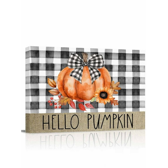 Thanksgiving Hello Pumpkin Canvas Print Wall Art Framed Canvas Art Wall Decor Orange Sunflower Fall Leaf Plaid Pictures Painting Morden Artwork for Living Room Bedroom, Ready to Hang - 16"x20"
