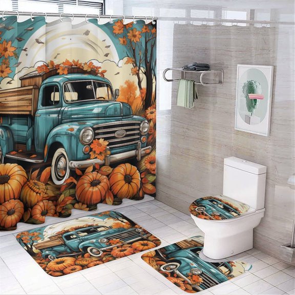 Thanksgiving Hello Pumpkin Harvest Truck Leaves 4 Pcs Shower Curtain Set Non-Slip Rugs And Toilet Mat Lid Rug Accessories Fall Autumn Thanksgiving Harvest Waterproof Shower Curtain for Bathtub Decor