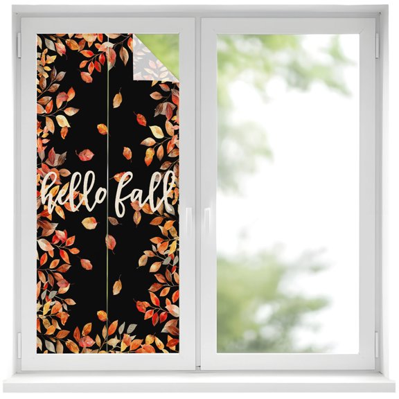 Thanksgiving Hello Window Privacy Film, Fall Plant Leaves Black Frosted Glass Window Clings Static Cling UV Heat Blocking Reusable Door Sticker for Bathroom 17.7 x 39.3 Inch