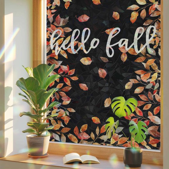 Thanksgiving Hello Window Privacy Film, Fall Plant Leaves Black Stained Glass Holographic Film Decorative Window Clings, Static Cling Sun Blocking Stickers 17.7" x 39.3"