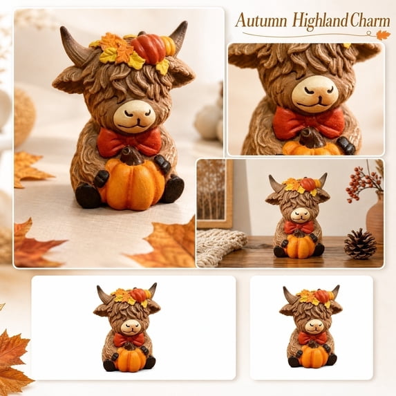Thanksgiving Highland Cow Figurine with Pumpkin & Autumn Leaf Crown, Rustic Farmhouse Fall Tabletop Decor, Cute Highland Cow Harvest Centerpiece for Kitchen Shelf Mantel Holiday Home Decoration