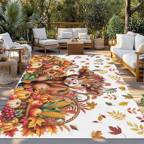 Thanksgiving Highland Cow Indoor Outdoor Rugs 4x6 Ft, Fall Pumpkin Fruit Outdoor Patio Rug Mat Washable Outside Area Rugs Carpet for Porch Deck RV Camping Pool Balcony Backyard
