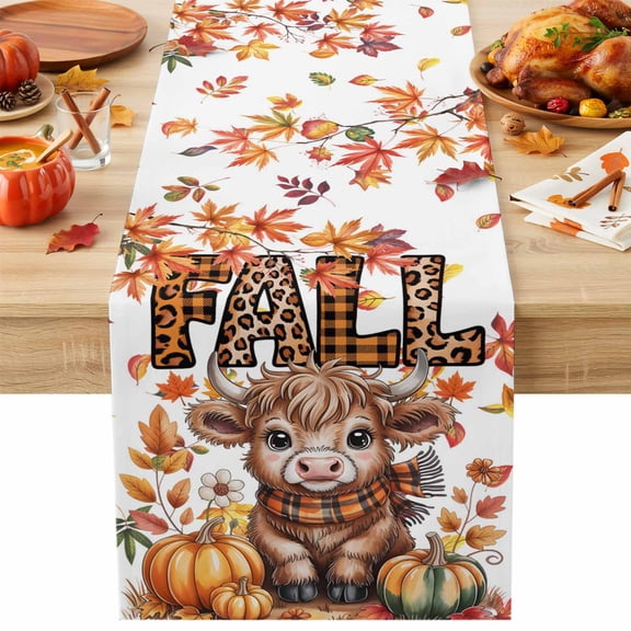 Thanksgiving Highland Cow Table Runner 13x72 Inch Fall Pumpkin Leaf Cotton Linen Dining Table Runner Ideal for Dresser Kitchen Coffee Tables - Machine Washable