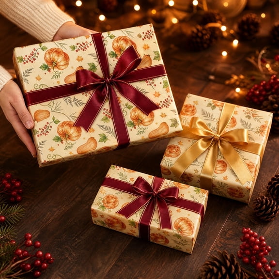 Thanksgiving Holiday Craft Packaging Paper, Coated Printed Wrapping Paper with Fall Pumpkin Maple Leaf, DIY Gift Box Decor Wrap for Family Seasonal Styling