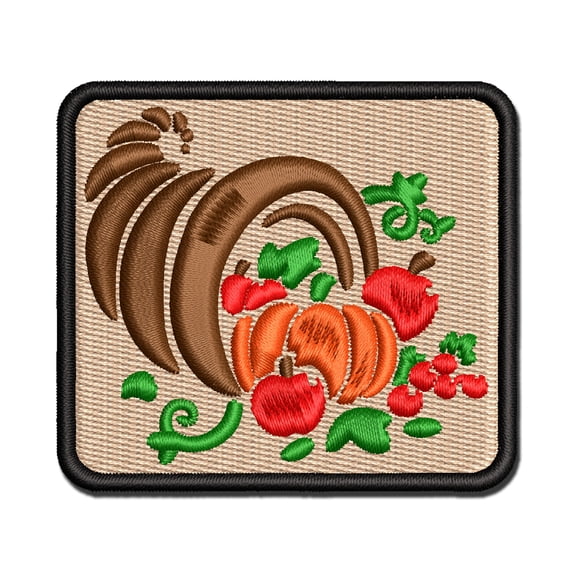 Thanksgiving Holiday Harvest Cornucopia with Apples and Pumpkins Applique Multi-Color Embroidered Iron-On Patch - 2.0 Inch Mini