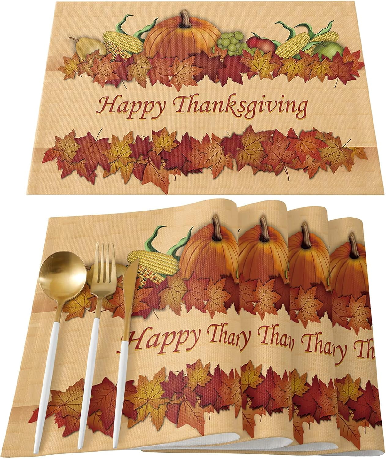 Thanksgiving Holiday Placemats Set of 6, Fall Harvest Pumpkins Cotton