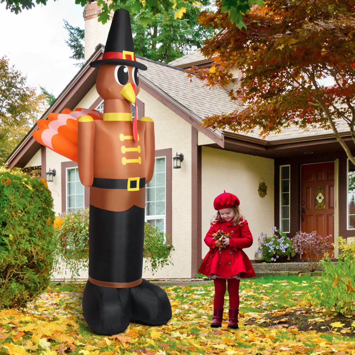 Thanksgiving Inflatables Outdoor Decorations, 10FT Turkey with Pilgrim