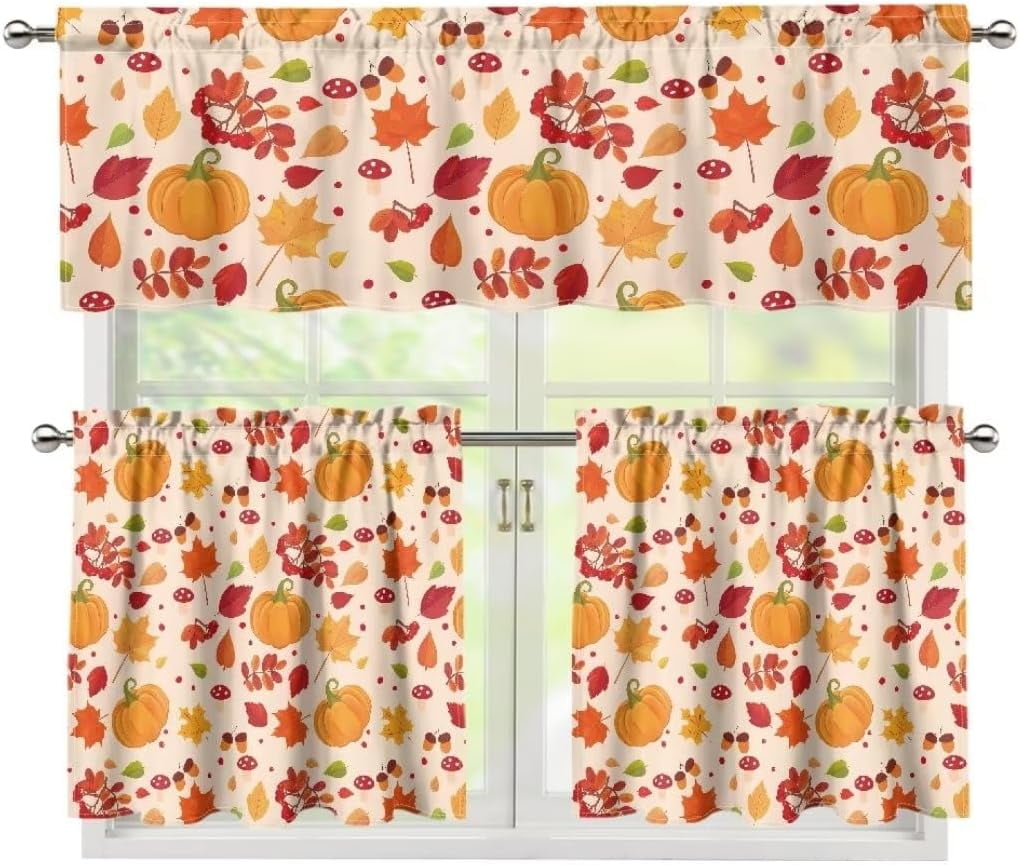 Thanksgiving Kitchen Curtain 36" Tier&Valance Set of 3 Fall Farmhouse ...