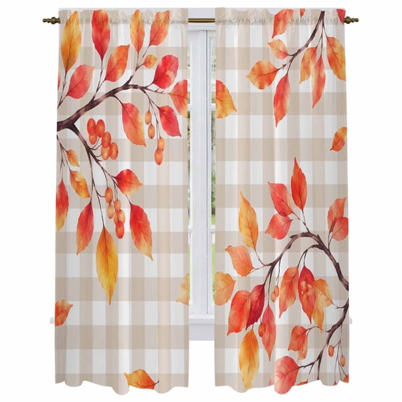 Thanksgiving Kitchen Curtain for Berdoom Living Room Cafe 72 Inch Length, Fall Orange Eucalyptus Brown Plaid Gingham Tiers Curtains Light Filtering Drapes Window Treatment 2 Panels 52"Wx72"L