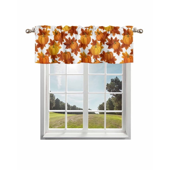 Thanksgiving Kitchen Curtain Valances for Windows Farmhouse Short Curtains, Fall Orange Pumpkin Maple Leaves Farmhouse Rod Pocket Valance Curtain for Bedroom Cafe Living Room 56"x16"