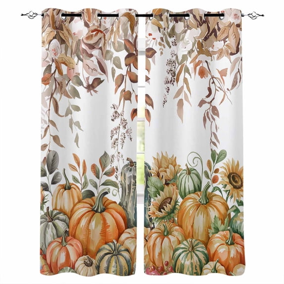 Thanksgiving Kitchen Curtains Orange Green Pumpkin Brown Eucalyptus Cafe Short Curtains for Bathroom Blackout Window Curtain Grommet Small Window Treatment Drapes for Bedroom Living Room 27.5"x39"x2