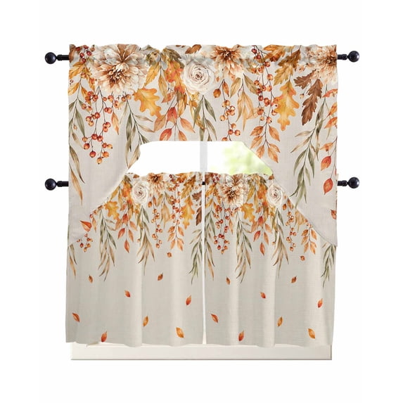 Thanksgiving Kitchen Curtains Set for Windows 3 Piece Cafe Curtains 36 Inch Length Swag Curtains Valances and Tier Set Country Botanical Eucalyptus Leaves Flowers Drapes for Bedroom Bathroom
