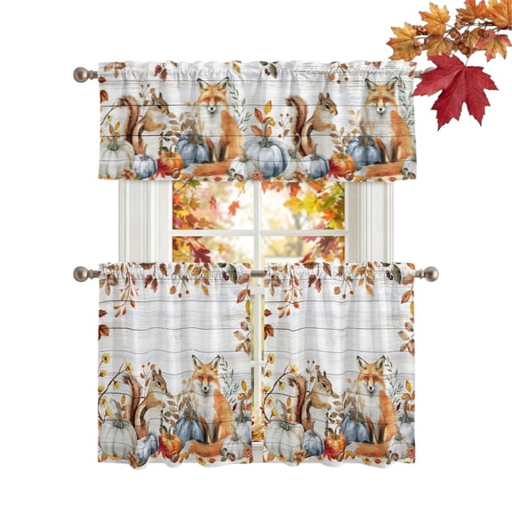 Thanksgiving Kitchen Curtains Sets 36 Inch Length Tier Curtain, Squirrel Fox Pumpkin Autumn Eucalyptus Rod Pocket Window Treatments, Window Valance Curtains for Bathroom/Bedroom/Cafe 3 Panels