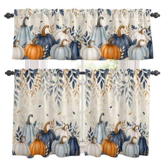 Thanksgiving Kitchen Curtains Valance and Tier Set Fall Deep Navy White Blue Pumpkin Leaf Beige Backdop Rod Pocket Short Curtains for Small Window 3 Pieces Set for Bedroom Cafe (54" x 18"+27" x 36")