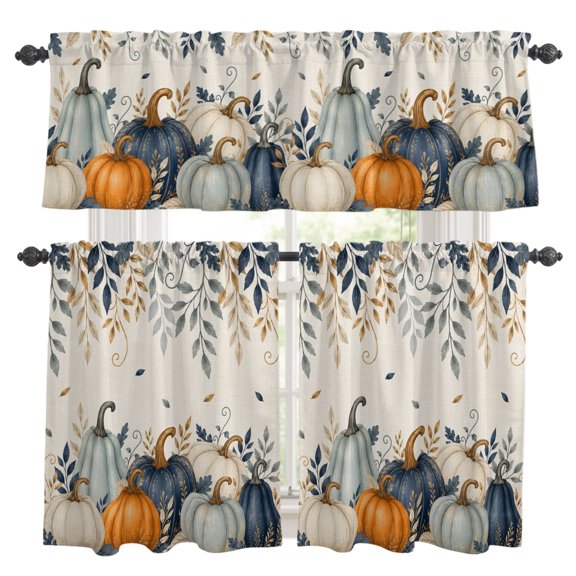 Thanksgiving Kitchen Curtains Valance and Tier Set Fall Deep Navy White Blue Pumpkin Leaf Linen Texture Rod Pocket Short Curtains for Small Window 3 Pieces Set for Bedroom Cafe (54" x 18"+27" x 36")