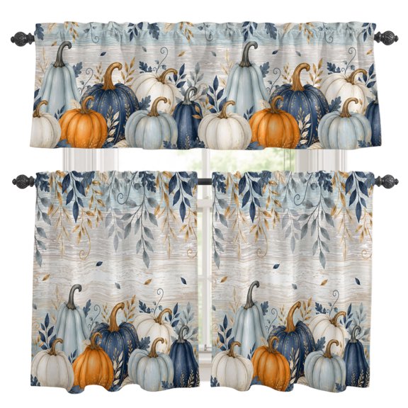 Thanksgiving Kitchen Curtains Valance and Tier Set Fall Deep Navy White Blue Pumpkin Leaf Wooden Rod Pocket Short Curtains for Small Window 3 Pieces Set for Bedroom Cafe (54" x 18"+27" x 36")