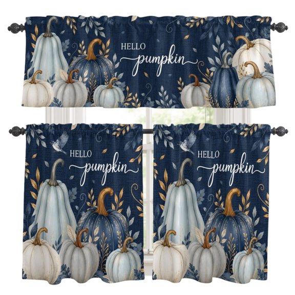 Thanksgiving Kitchen Curtains Valance and Tier Set Fall White Blue Pumpkin Gold Leaf Rustic Deep Navy Rod Pocket Short Curtains for Small Window 3 Pieces Set for Bedroom Cafe (54" x 18"+27" x 24")