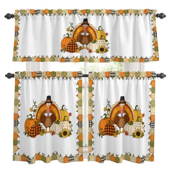 Thanksgiving Kitchen Curtains Valances 3 Piece Set, Fall Cartoon Turkey Orange Green Pumpkin Sunflower Rod Pocket Tier Curtain and Valance Drapes for Small Window 36 Inch Length for Bedroom Cafe
