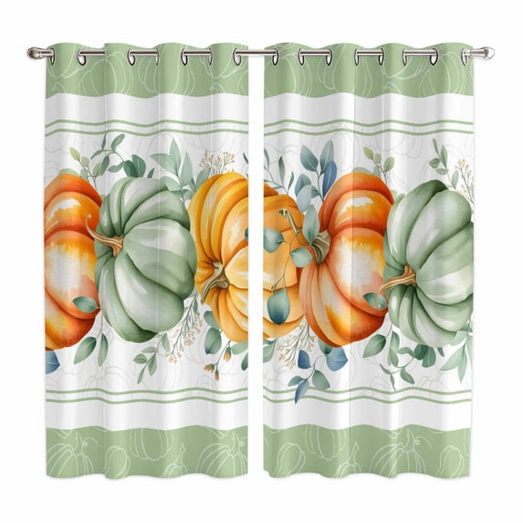 Thanksgiving Kitchen Curtains Window Panels, Fall Sage Green Pumpkin Eucalyptus Leaf Insulated Window Treatment Curtain, Grommet Curtains for Bedroom/Living Room/Bathroom, 2 Piece 42"Wx63"L