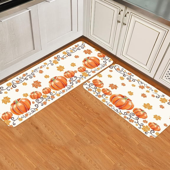 Thanksgiving Kitchen Rugs 2 Piece Orange Pumpkin Maple Leaves Non-Slip Kitchen Mats for Floor Washable Runner Rug Absorbent Mat Carpets for Kitchen Laundry Room, 19.7"x31.5"+19.7"x47.2"
