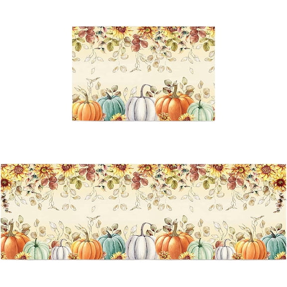 Thanksgiving Kitchen Rugs Mat Set of 2,Fall Pumpkin Sunflower Water-Absorbing Runner Carpet Area Mat for Kitchen/Hallway/Room,Autumn Eucalyptus Leaf Welcome Doormat Bath Rug Rubber Throw Large