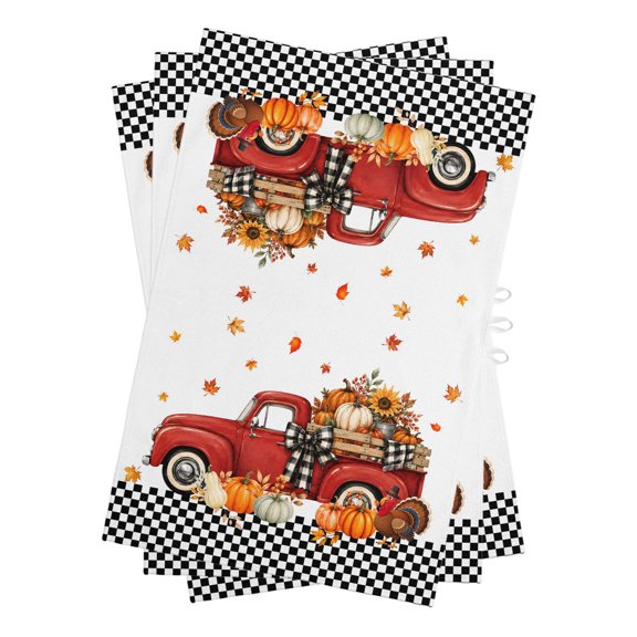 Thanksgiving Kitchen Towels Dish Towel Pack of 3 Fall Red Truck Pumpkin Maple Leaf Turkey Black Checkered Soft Dish Cloth Set Absorbent Dishcloth for Drying Dishes, Hand Towels 18 x 28 Inches