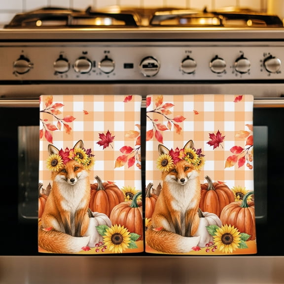 Thanksgiving Kitchen Towels Set of 1, Fall Fox Flowers Maple Leaf Orange Plaid Absorbent Dish Towels for Kitchen, Microfiber Hand Towel, Quick Drying Tea Towel for Cleaning Decorative Dishcloths