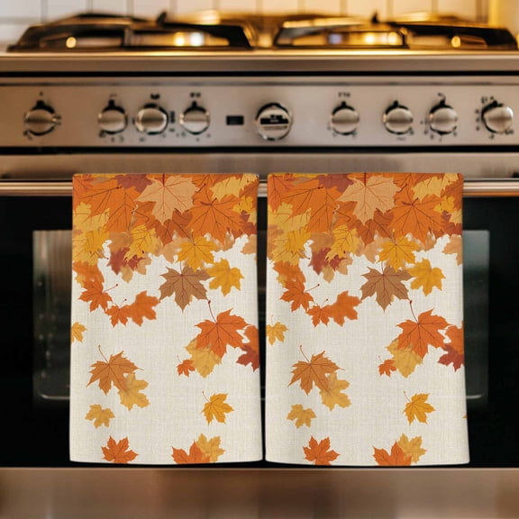 Thanksgiving Kitchen Towels Set of 1, Retro Orange Fall Maple Leaves Autumn Absorbent Dish Towels for Kitchen, Microfiber Hand Towel, Quick Drying Tea Towel for Cleaning Decorative Dishcloths