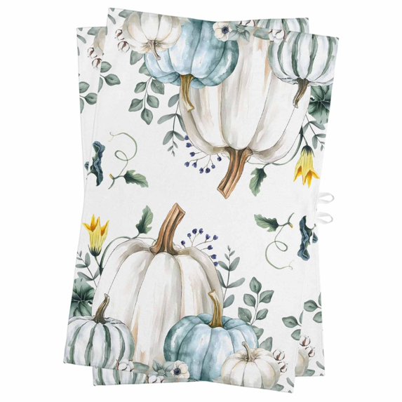Thanksgiving Kitchen Towels Set of 2, Water Absorbent Dish Towel, Blue White Pumpkin Autumn Fall Leaf Decorative Hand Towels - Quick Drying Cloth for Cooking Baking, 18x28 Inch