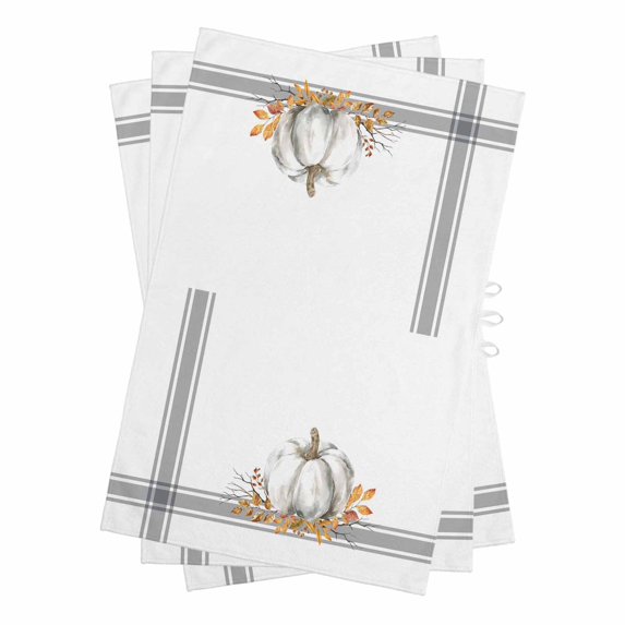 Thanksgiving Kitchen Towels Set of 3, Water Absorbent Dish Towel, Grey White Pumpkin Stripes Autumn Leaf Decorative Hand Towels - Quick Drying Cloth for Cooking Baking, 18x28 Inch
