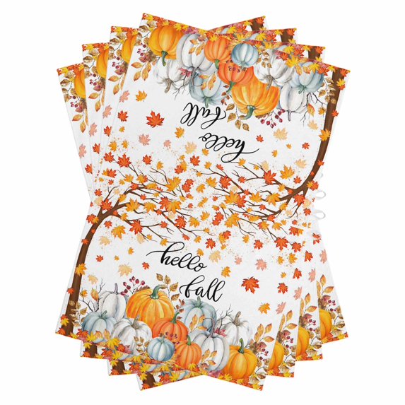 Thanksgiving Kitchen Towels Set of 4, Water Absorbent Dish Towel, Fall Maple Leaf Orange White Pumpkin Decorative Hand Towels - Quick Drying Cloth for Cooking Baking, 18x28 Inch