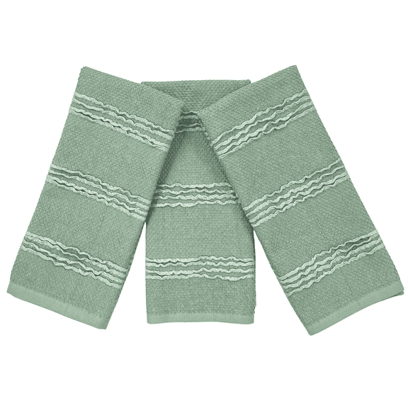 Serafina Home Kitchen Towels- Set of 3 Sage 100% Cotton White Horizontal Wavy Stripe Design- 16 x 26 Multipurpose Towels for Everyday Use