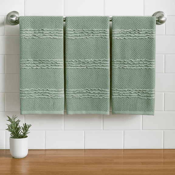 Serafina Home Kitchen Towels- Set of 3 Sage 100% Cotton White Horizontal Wavy Stripe Design- 16 x 26 Multipurpose Towels for Everyday Use