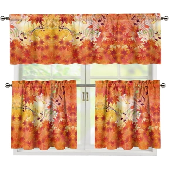 Thanksgiving Kitchen Window Curtains Valance and Tier Set, Orange Fall Maple Leaves 3 Piece Set Rod Pocket Short Curtains, Autumn Window Treatment for Bedroom