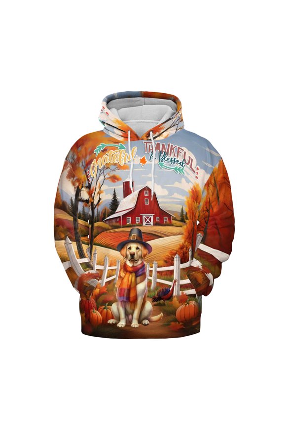 Thanksgiving Labrador Retriever Pilgrim Grateful, Thankful, Blessed Fall Welcome All Over Print 3D Hoodie Unisex Merch Hoodies Lab Dog Lover Gifts - 00021
