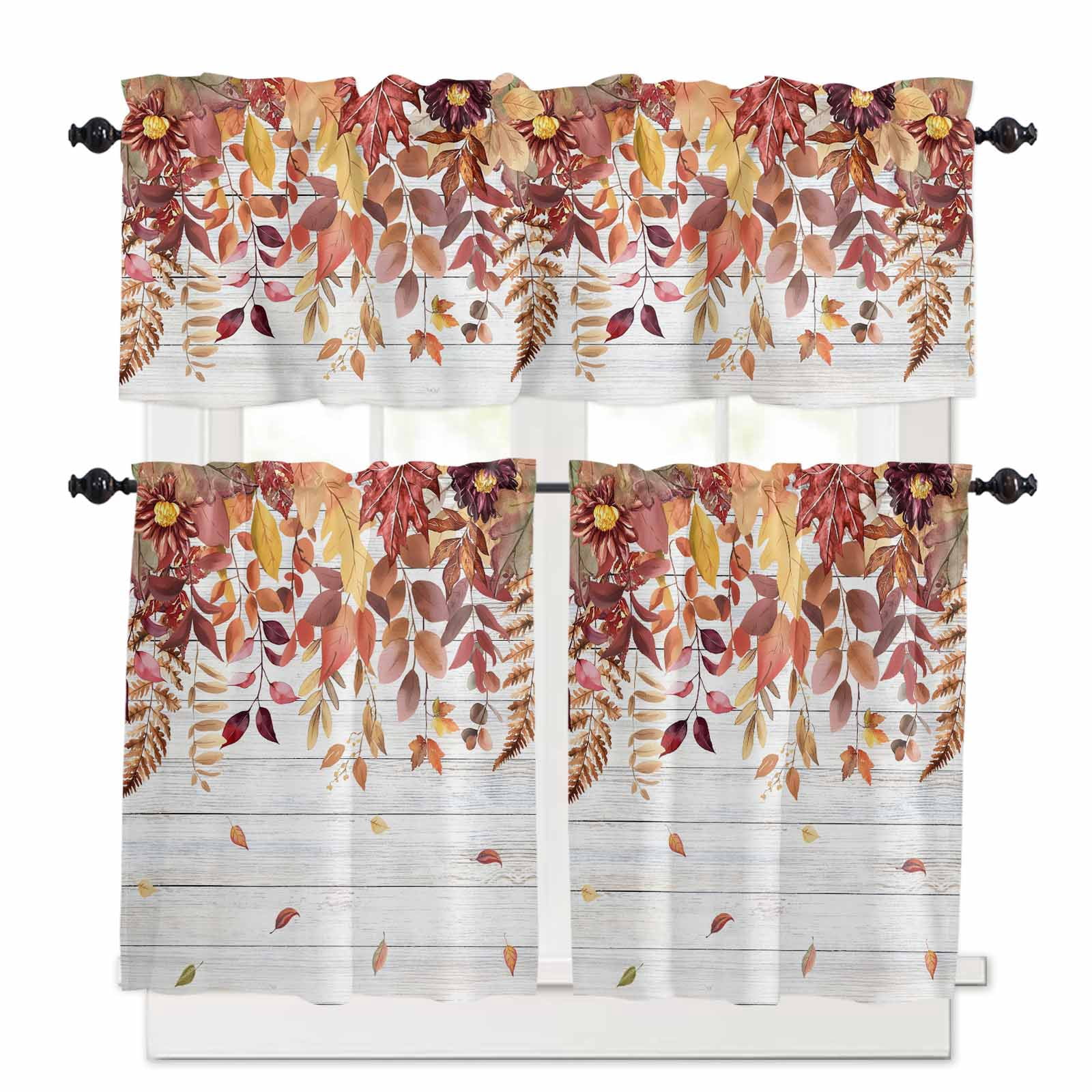Thanksgiving Leaf Kitchen Curtains Set for Windows 3 Pieces,36 Inch ...