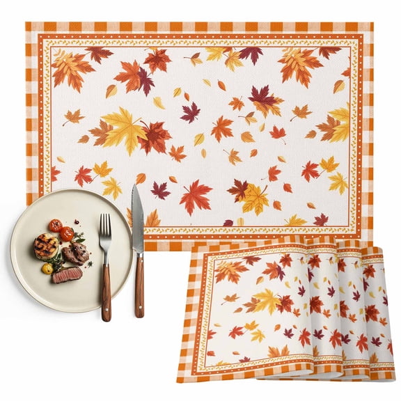 Thanksgiving Leaves Placemats Set of 1 Retro Fall Maple Leaf Orange Plaid Heat Insulated Linen Place Mats, Washable Stain-Proof Table Mats for Dining Tables Holiday Decor 13x19inch