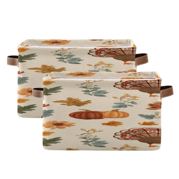 Thanksgiving Leaves Turkey Pumpkin Autumn Square Storage Bins with Handles Collapsible Containing Box 2 Packs