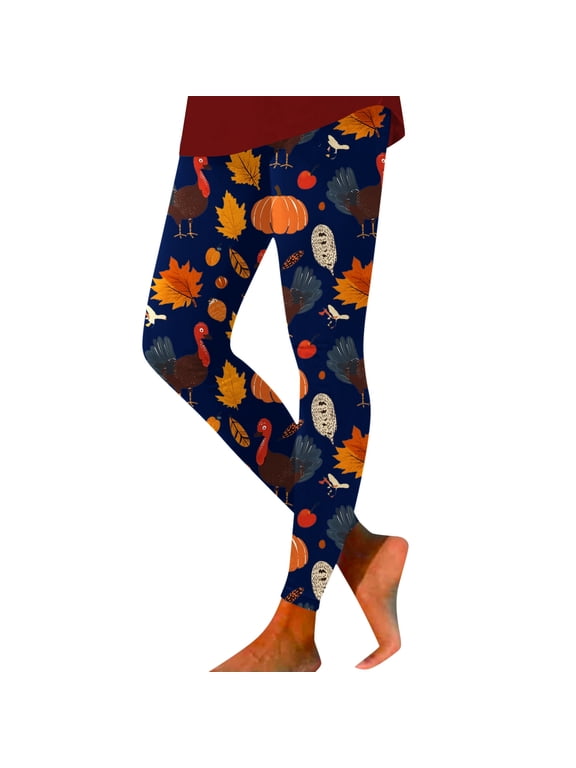 Thanksgiving Leggings For Women Maple Leaf Pumpkin Print High Waisted Tummy Control Graphic Funny Workout Gym Stretchy Yoga Pants,XXL,Navy