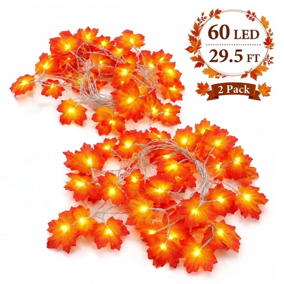 Fall Lights Maple Leaves String Lights,29.5 Ft Fall Lighted Maple Leaves Garland for Holiday Party Indoor Outdoor Halloween Thanksgiving Decor