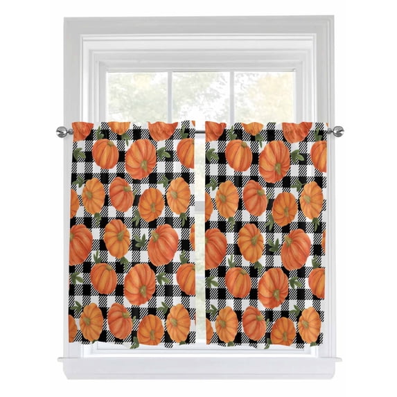 Thanksgiving Living Room Curtains 2 Panel, Fall Orange Pumpkin Black White Plaid Cafe Window Treatment, Farmhouse Bedroom Bathroom Kitchen Curtains Drapes 104"x54"