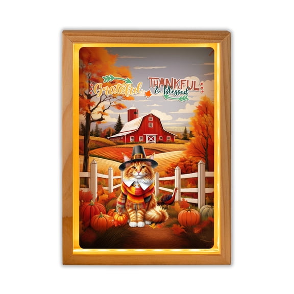 Thanksgiving Maine Coon Pilgrim Grateful, Thankful, Blessed Fall Welcome Acrylic Plaque with Wood Photo Frame Box Cat Lover Kitten Owner Gifts Light Box - 00021