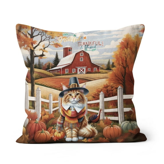 Thanksgiving Maine Coon Pilgrim Grateful, Thankful, Blessed Fall Welcome Pillow Cushion Double Sided Cat Lover Kitten Owner Gifts Throw Pillow - 00021