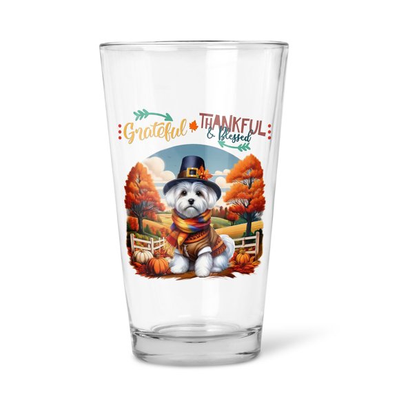 Thanksgiving Maltese Pilgrim Grateful, Thankful, Blessed Fall Welcome 16oz Pint Beer Glass Mug Maltese Dog Lover Gifts Idea Beer Glasses Cup - 00021